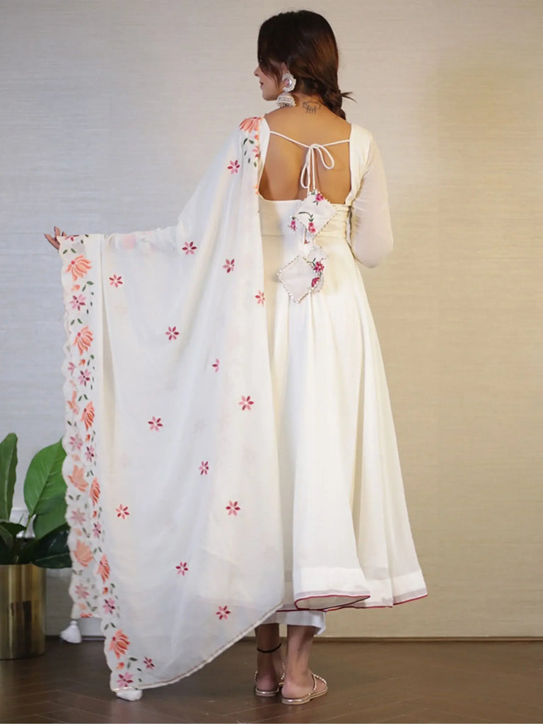 Magnetic White Embroidered Georgette Event Wear Anarkali Pant Suit