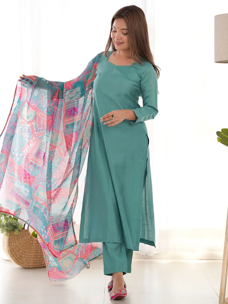Marvelous Sea Green Cotton Event Wear Straight Kurta With Pant