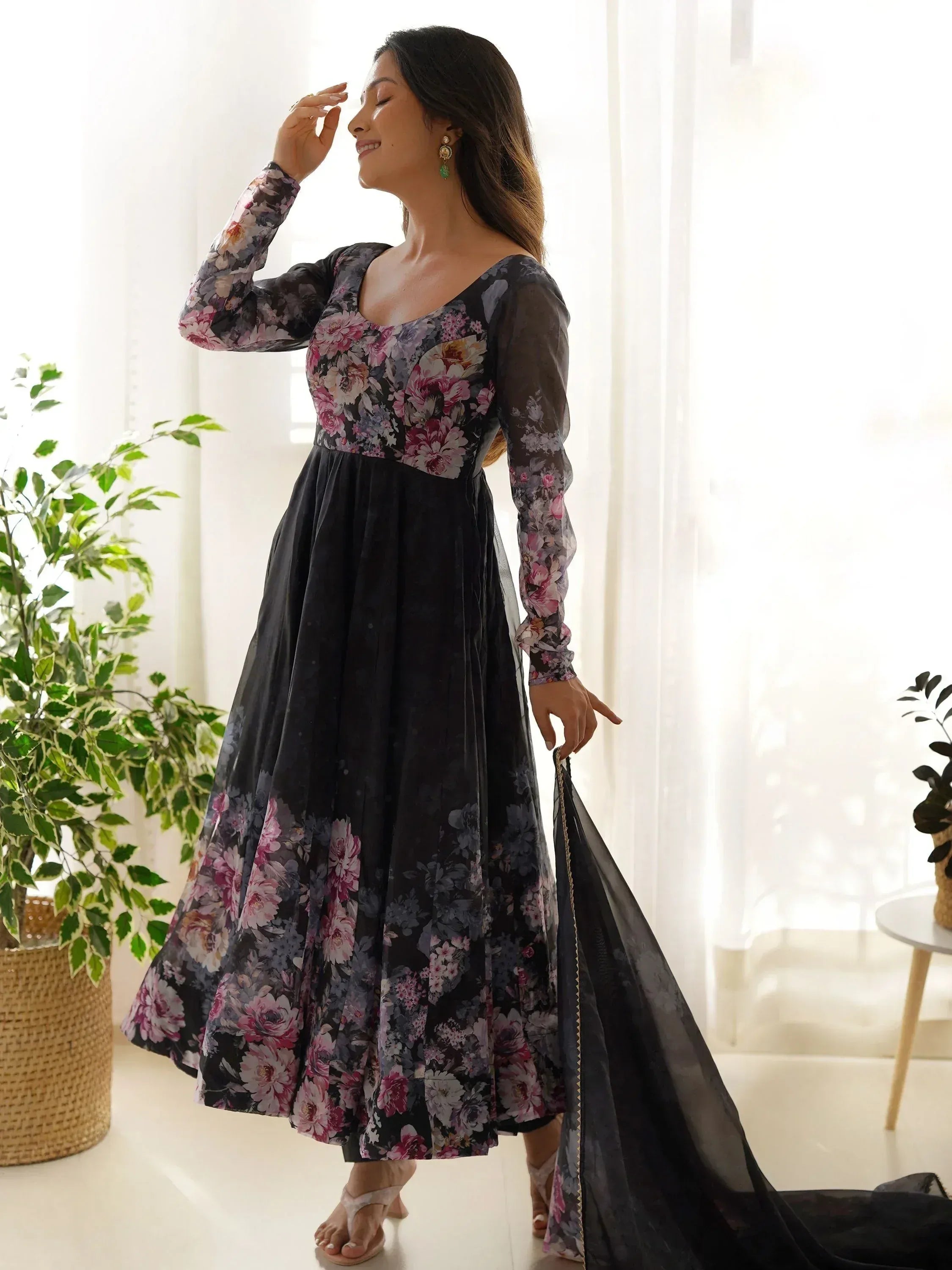 Black floral ethnic gown with sheer sleeves and dupatta, perfect for Indian occasions