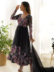Charming Black Floral Printed Organza Event Wear Anarkali Suit Pant