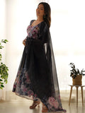 Charming Black Floral Printed Organza Event Wear Anarkali Suit Pant