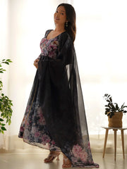 Charming Black Floral Printed Organza Event Wear Anarkali Suit Pant