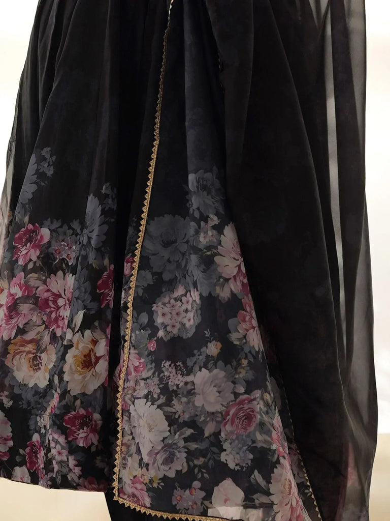 Charming Black Floral Printed Organza Event Wear Anarkali Suit Pant