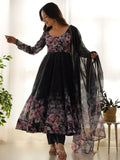 Charming Black Floral Printed Organza Event Wear Anarkali Suit Pant