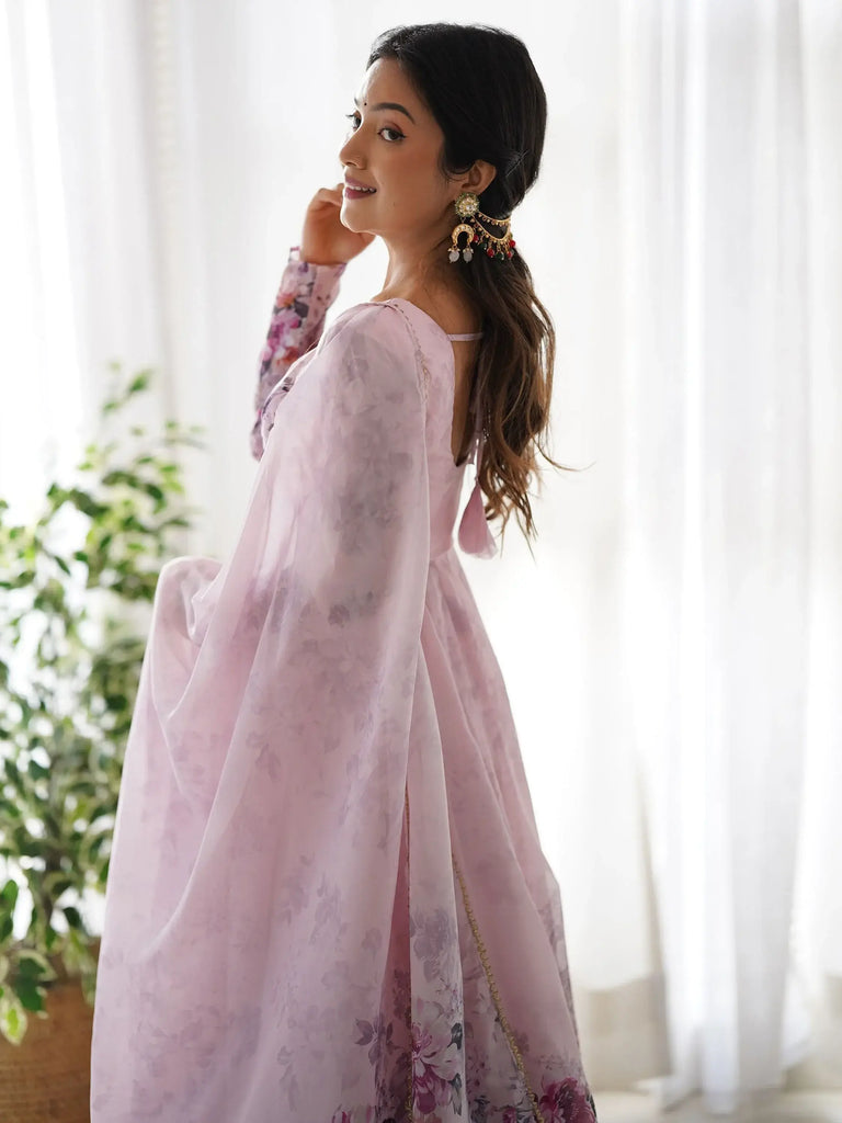 Alluring Pink Floral Printed Organza Anarkali Suit Pant With Dupatta