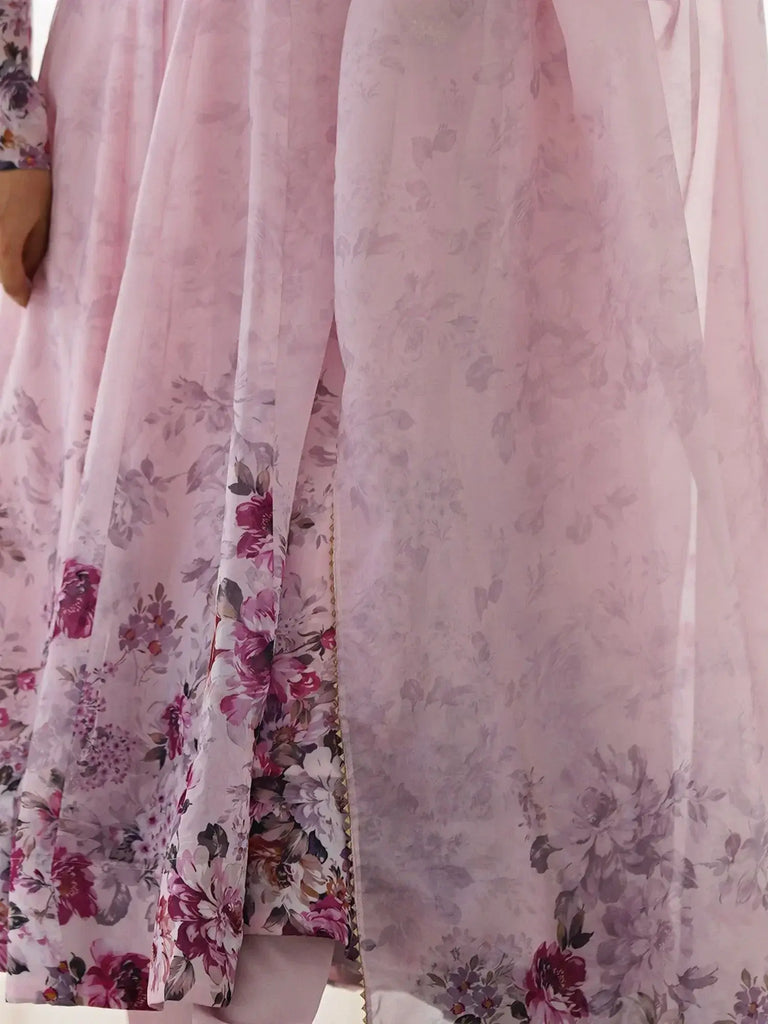 Alluring Pink Floral Printed Organza Anarkali Suit Pant With Dupatta