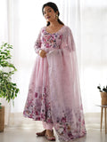 Alluring Pink Floral Printed Organza Anarkali Suit Pant With Dupatta