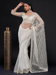 Glamorous White Sequin Work Net Wedding Wear Saree With Blouse