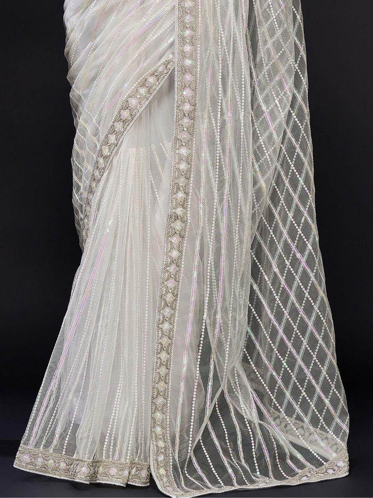 Glamorous White Sequin Work Net Wedding Wear Saree With Blouse