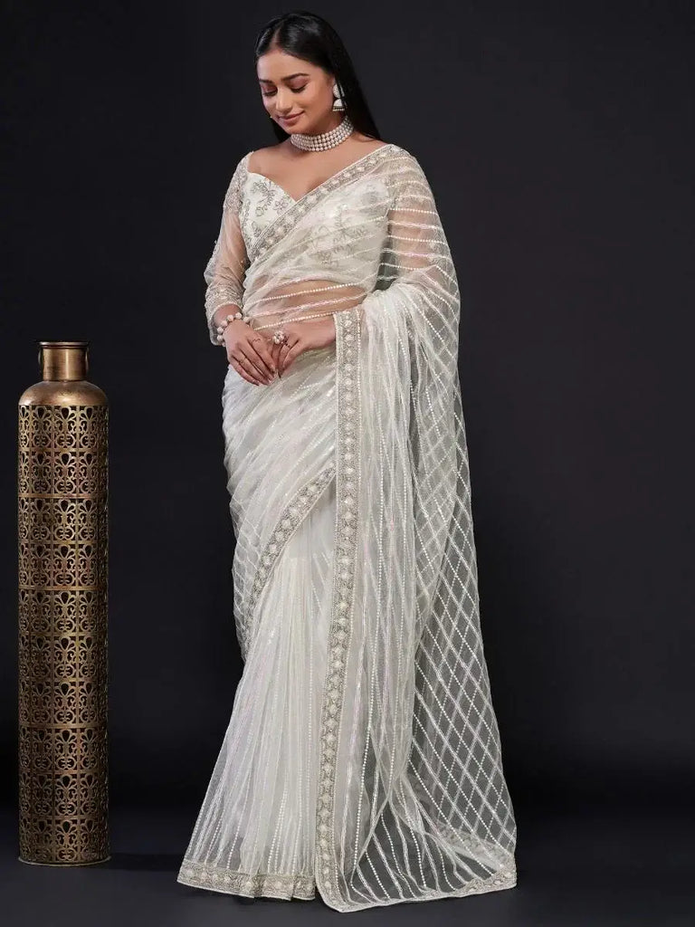 Glamorous White Sequin Work Net Wedding Wear Saree With Blouse