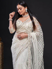 Glamorous White Sequin Work Net Wedding Wear Saree With Blouse