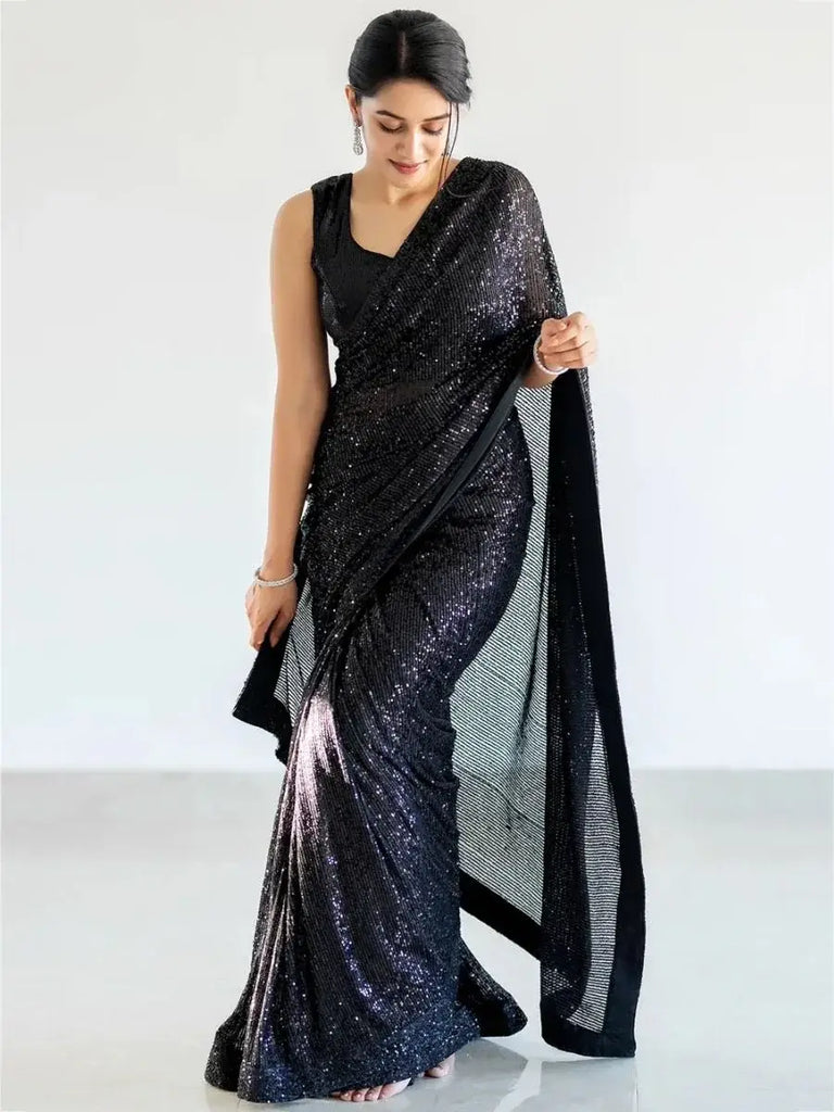 Marvelous Black Fully Sequins Work Georgette Saree With Blouse