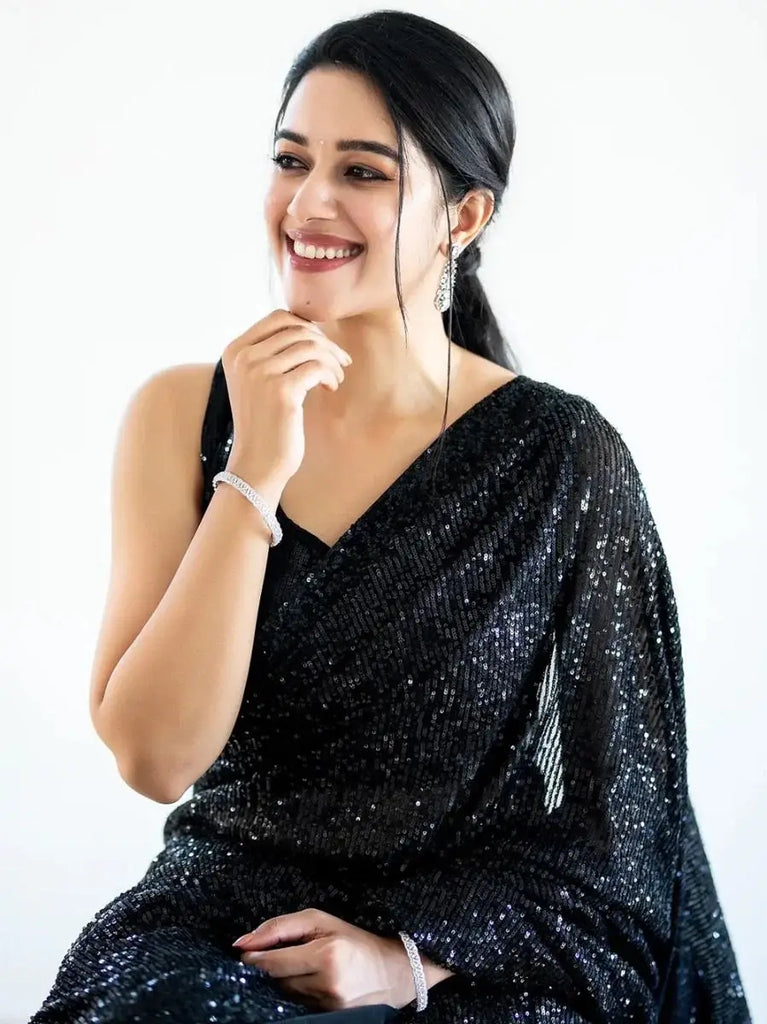 Marvelous Black Fully Sequins Work Georgette Saree With Blouse