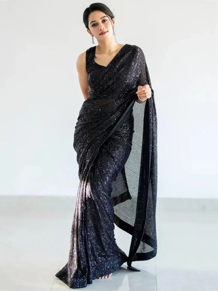 Marvelous Black Fully Sequins Work Georgette Saree With Blouse