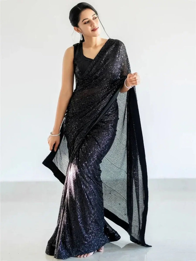 Marvelous Black Fully Sequins Work Georgette Saree With Blouse