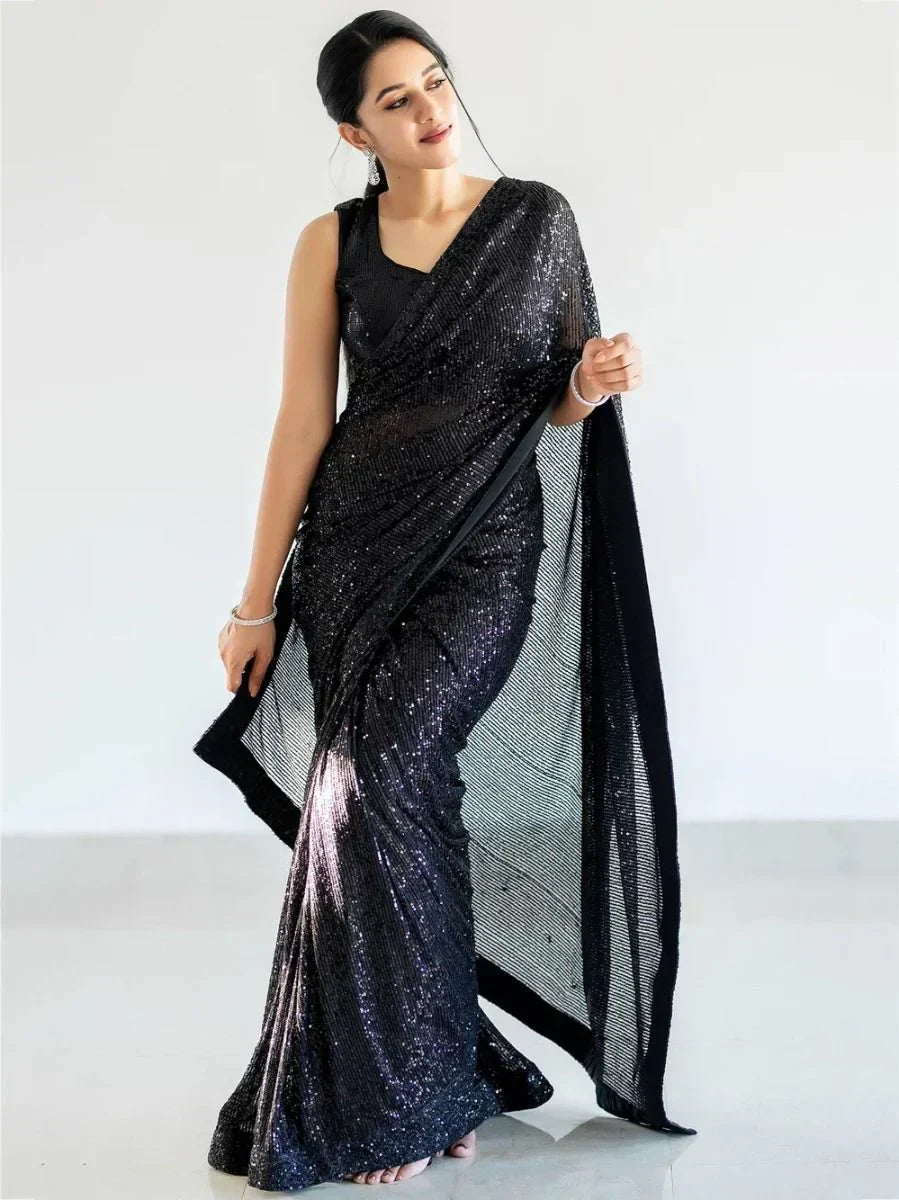 Marvelous Black Fully Sequins Work Georgette Saree With Blouse