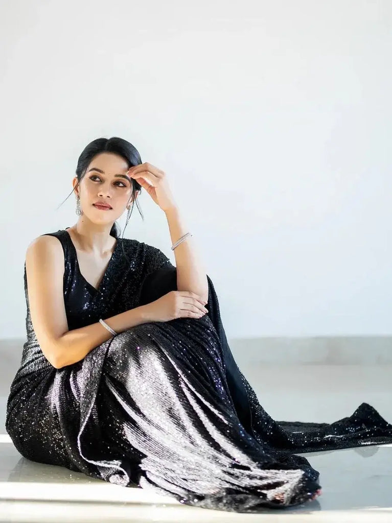 Marvelous Black Fully Sequins Work Georgette Saree With Blouse