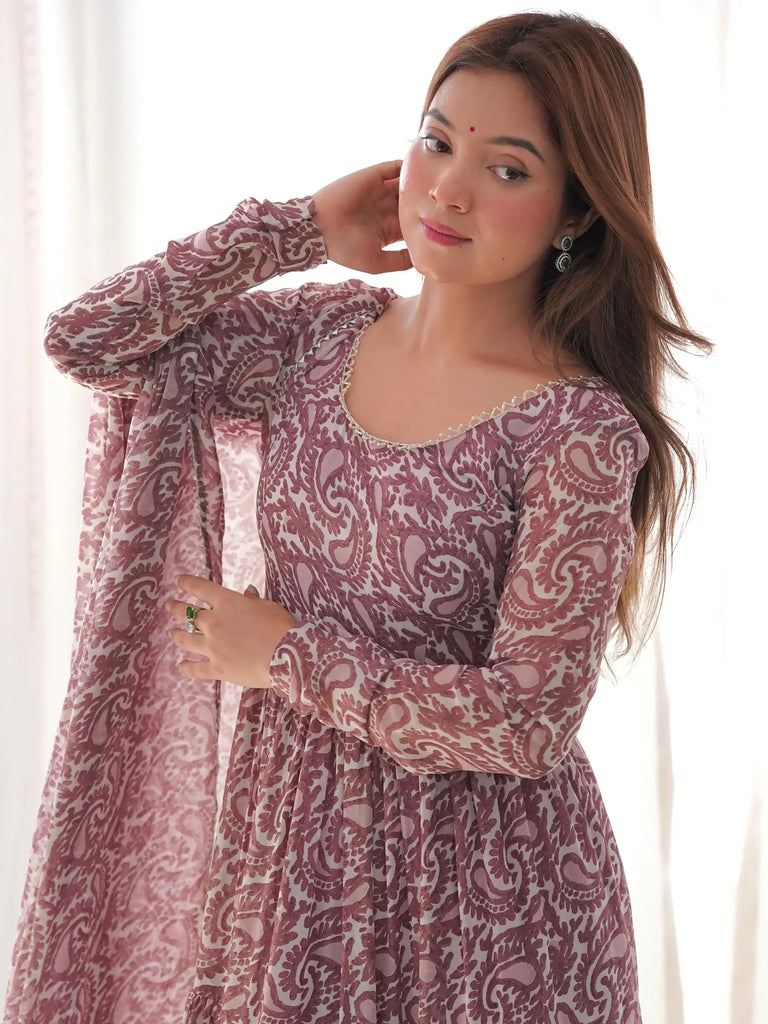 Impressive Brown Digital Printed Long Anarkali Gown With Dupatta