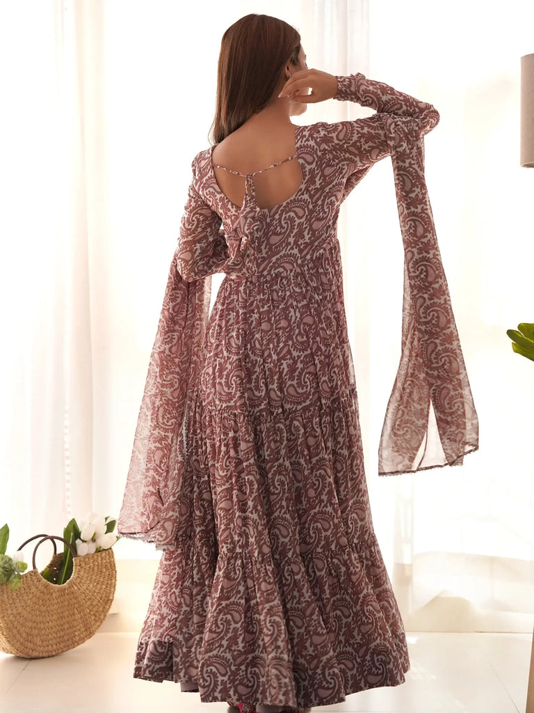 Impressive Brown Digital Printed Long Anarkali Gown With Dupatta