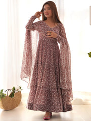 Impressive Brown Digital Printed Long Anarkali Gown With Dupatta