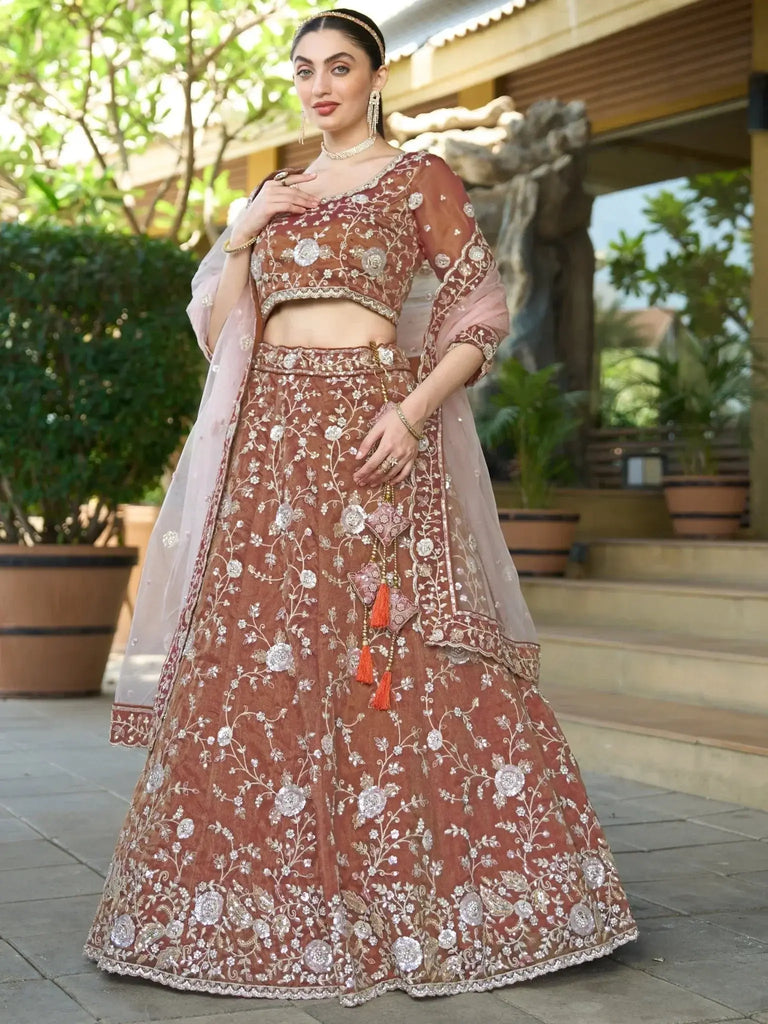 Impressive Brown Sequins Tissue Silk Wedding Wear Lehenga Choli - Ethnic Plus In