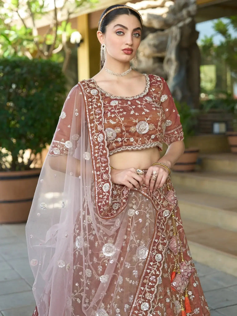 Impressive Brown Sequins Tissue Silk Wedding Wear Lehenga Choli - Ethnic Plus In