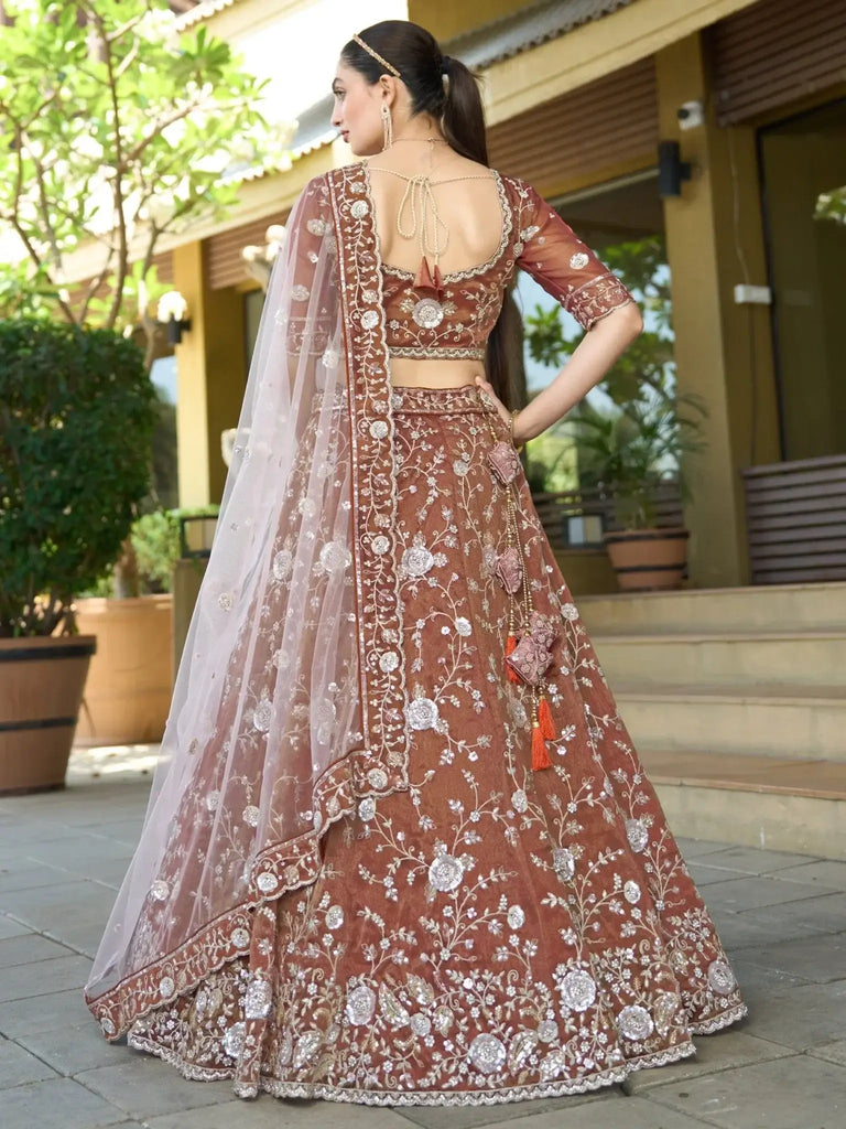 Impressive Brown Sequins Tissue Silk Wedding Wear Lehenga Choli - Ethnic Plus In
