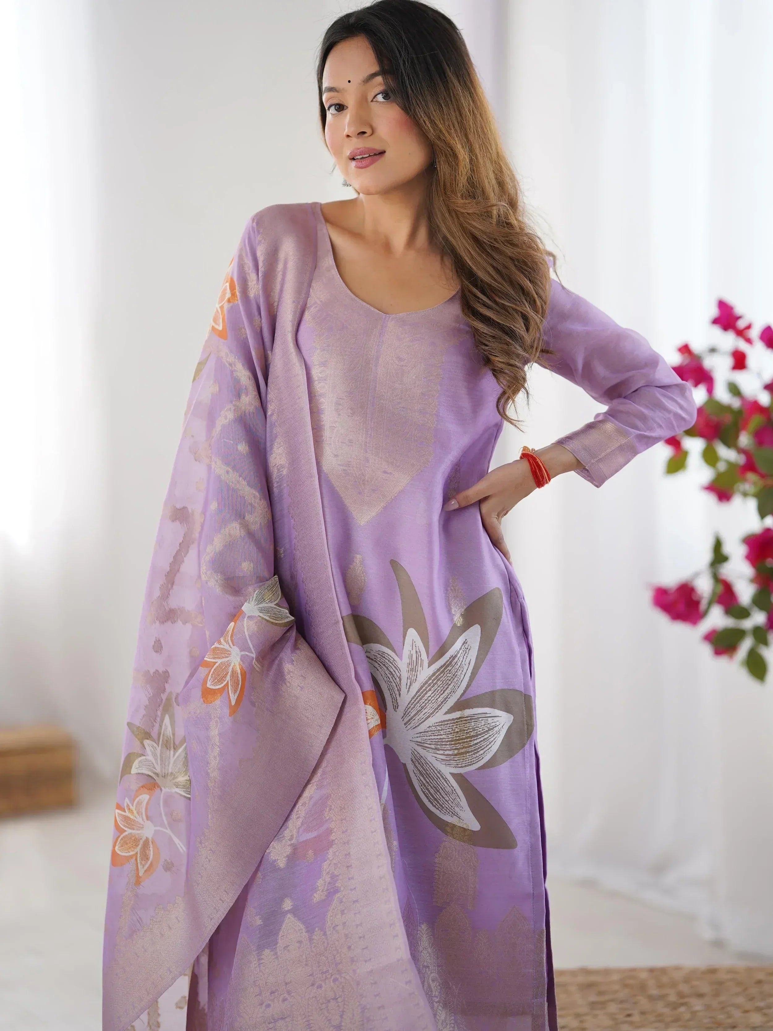 Lavender ethnic kurta with floral print and matching dupatta, ideal for Indian wear occasions