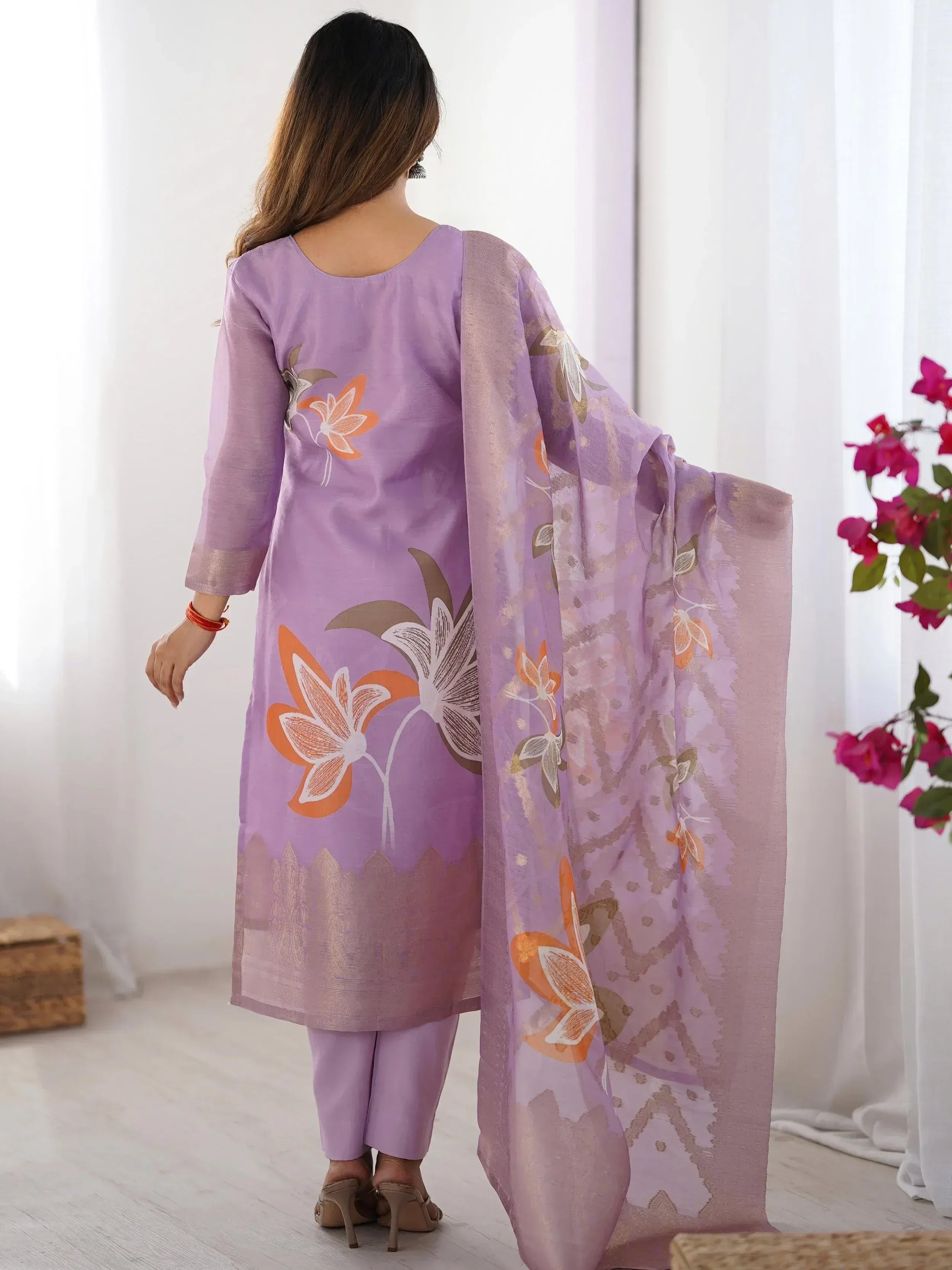 Purple floral print salwar kameez with matching dupatta, ethnic Indian wear for women