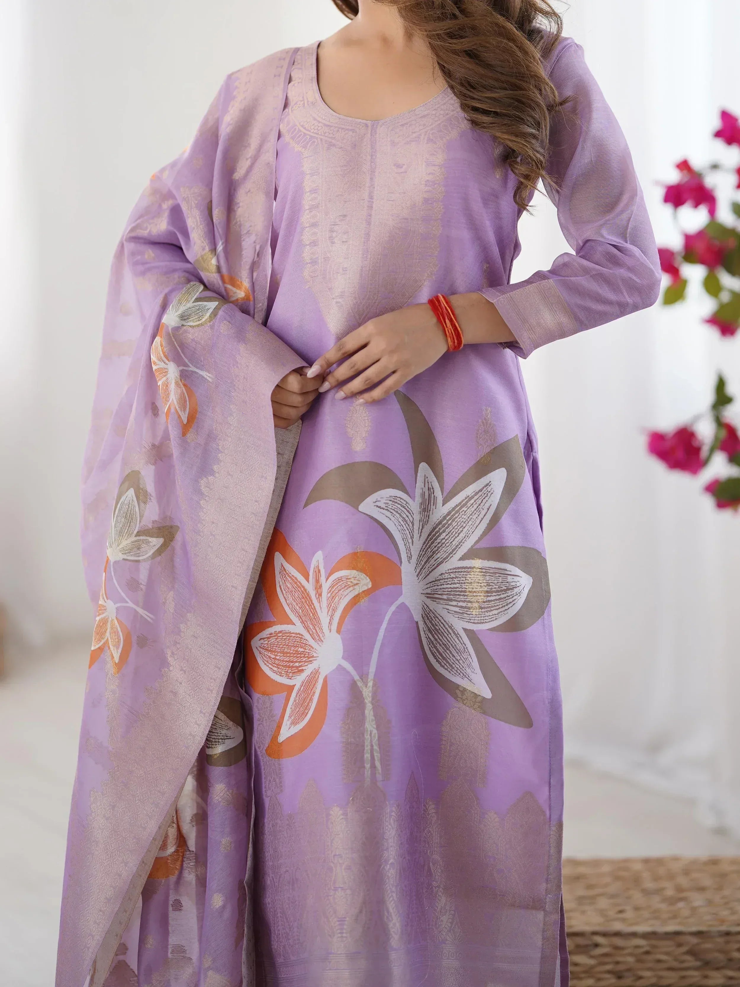 Lavender floral printed salwar kameez with matching dupatta, ethnic Indian wear for women