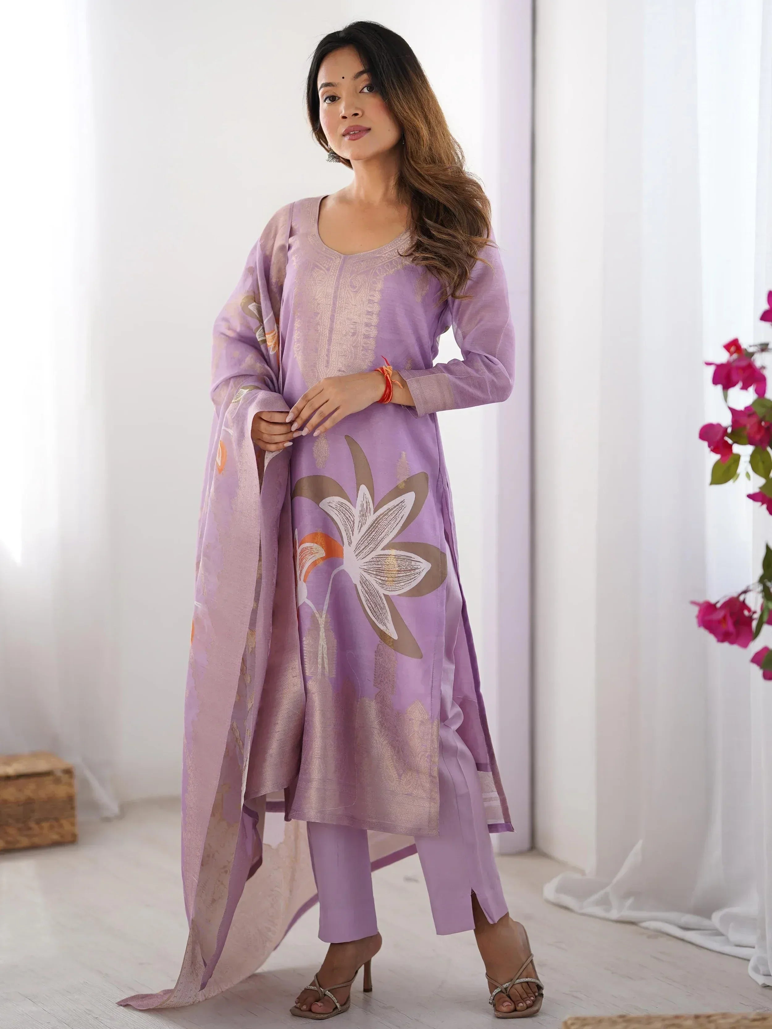 Purple floral printed salwar kameez with matching dupatta, ethnic Indian wear for women