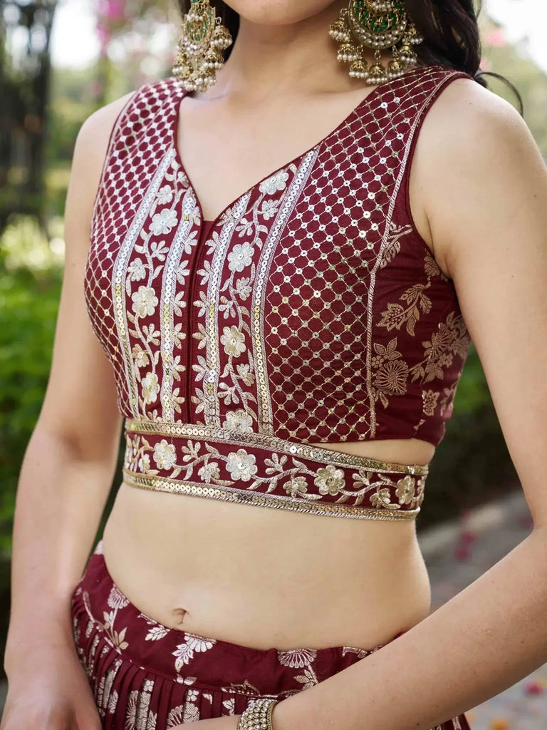 Impressive Maroon Thread Work Silk Lehenga Choli With Dupatta - Ethnic Plus In