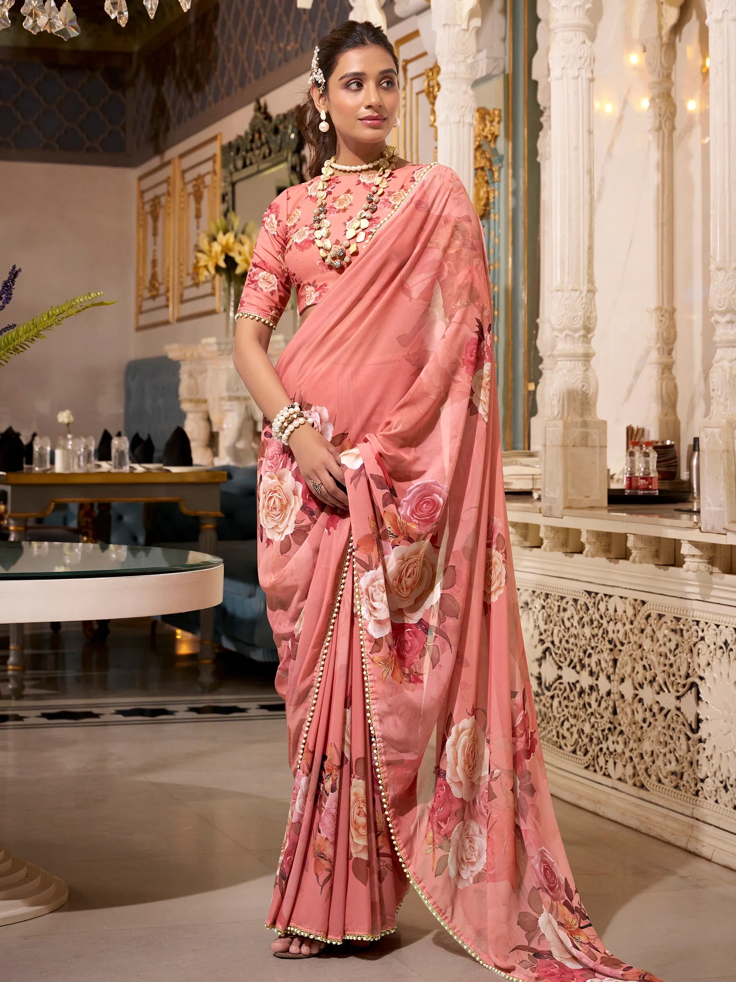 Impressive Orange Georgette Printed Casual Wear Saree - Ethnic Plus In