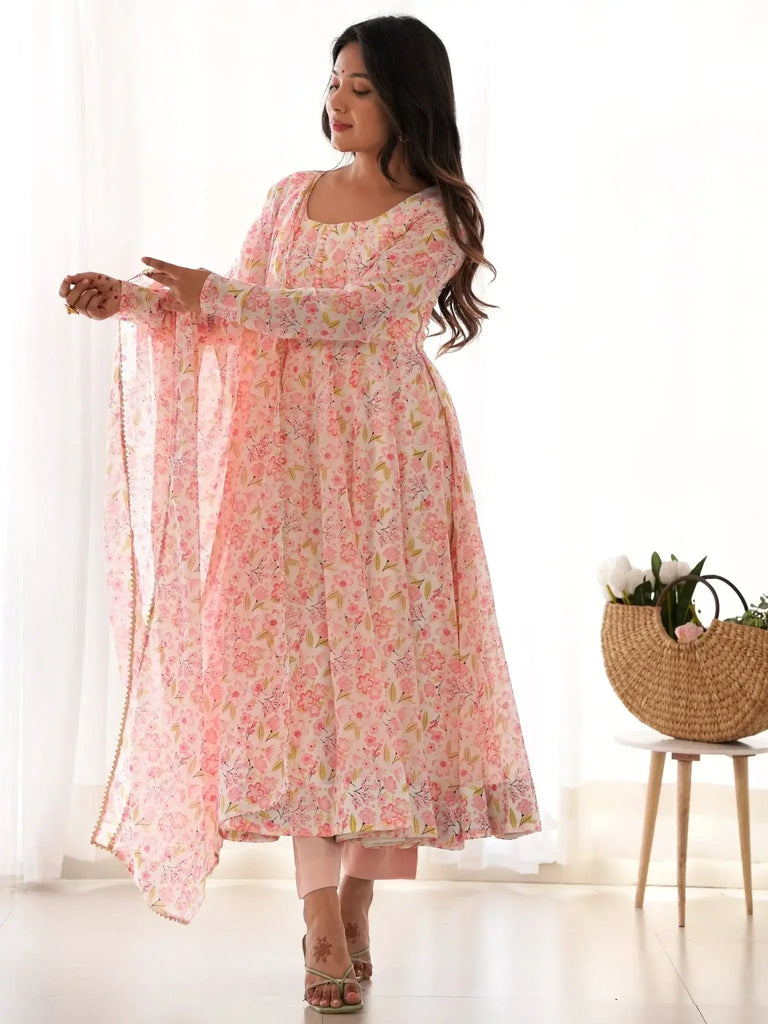 Impressive Peach Chiffon Floral Printed Casual Wear Anarkali Suit - Ethnic Plus In