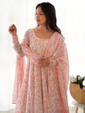 Impressive Peach Chiffon Floral Printed Casual Wear Anarkali Suit - Ethnic Plus In