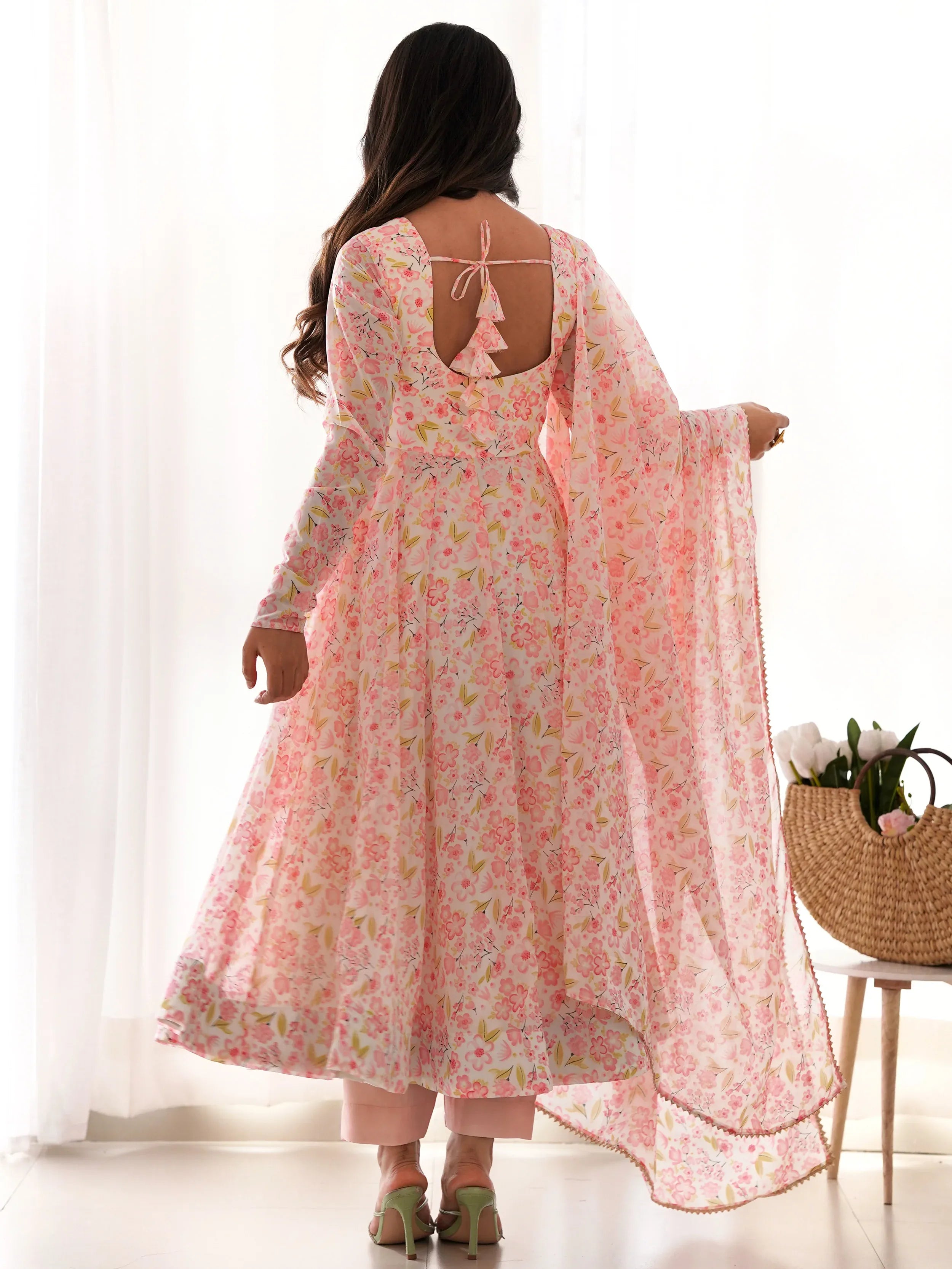 Pink floral ethnic gown with back tie, bell sleeves, and high-low hem for women