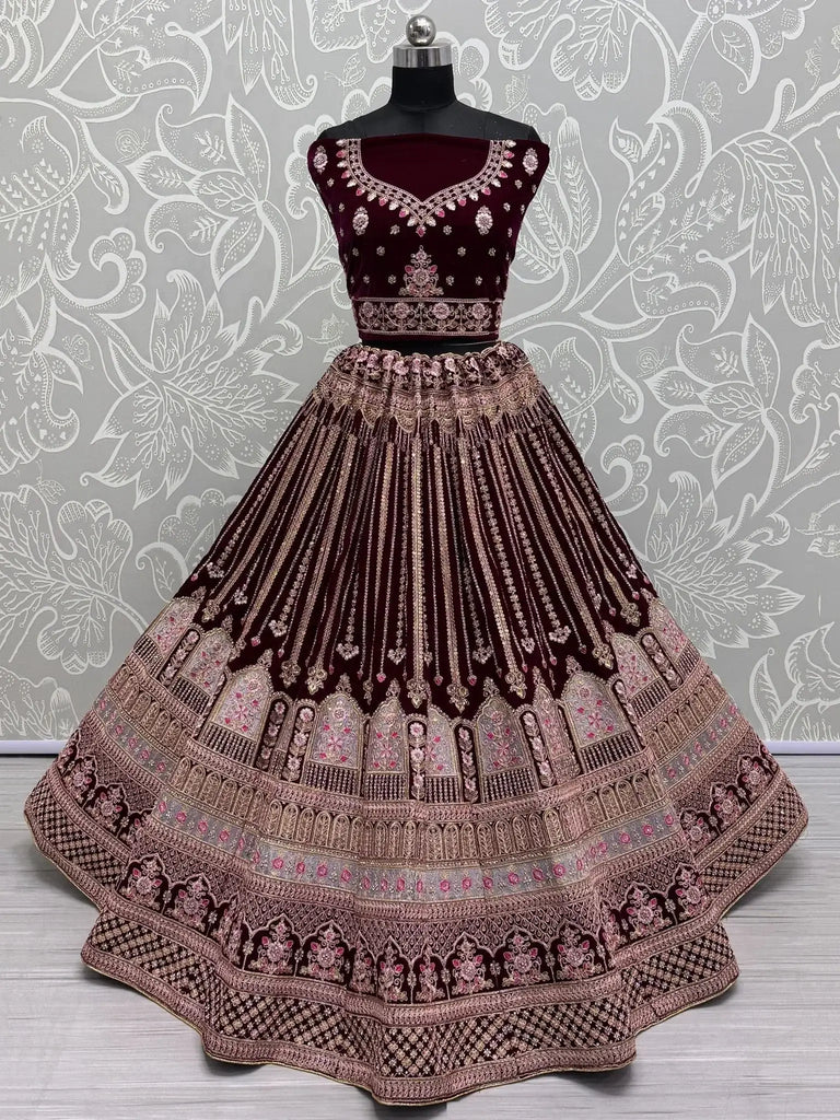 Impressive Rani Pink Velvet Bridal Lehenga Choli With Dupatta - Ethnic Plus In