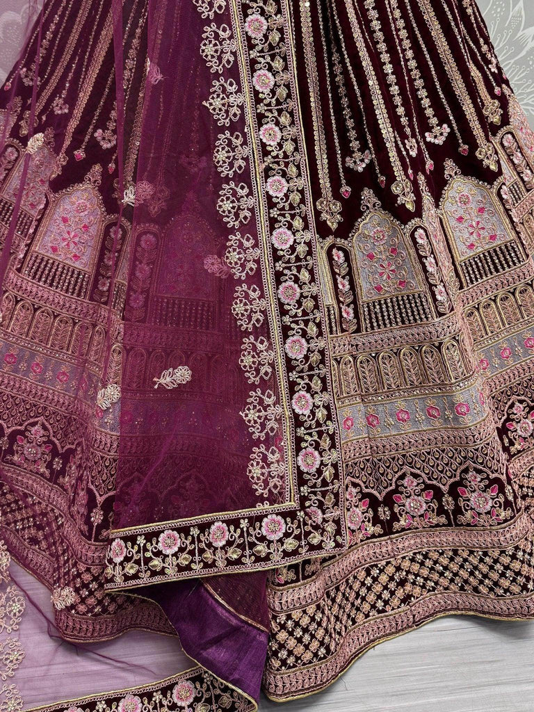 Impressive Rani Pink Velvet Bridal Lehenga Choli With Dupatta - Ethnic Plus In