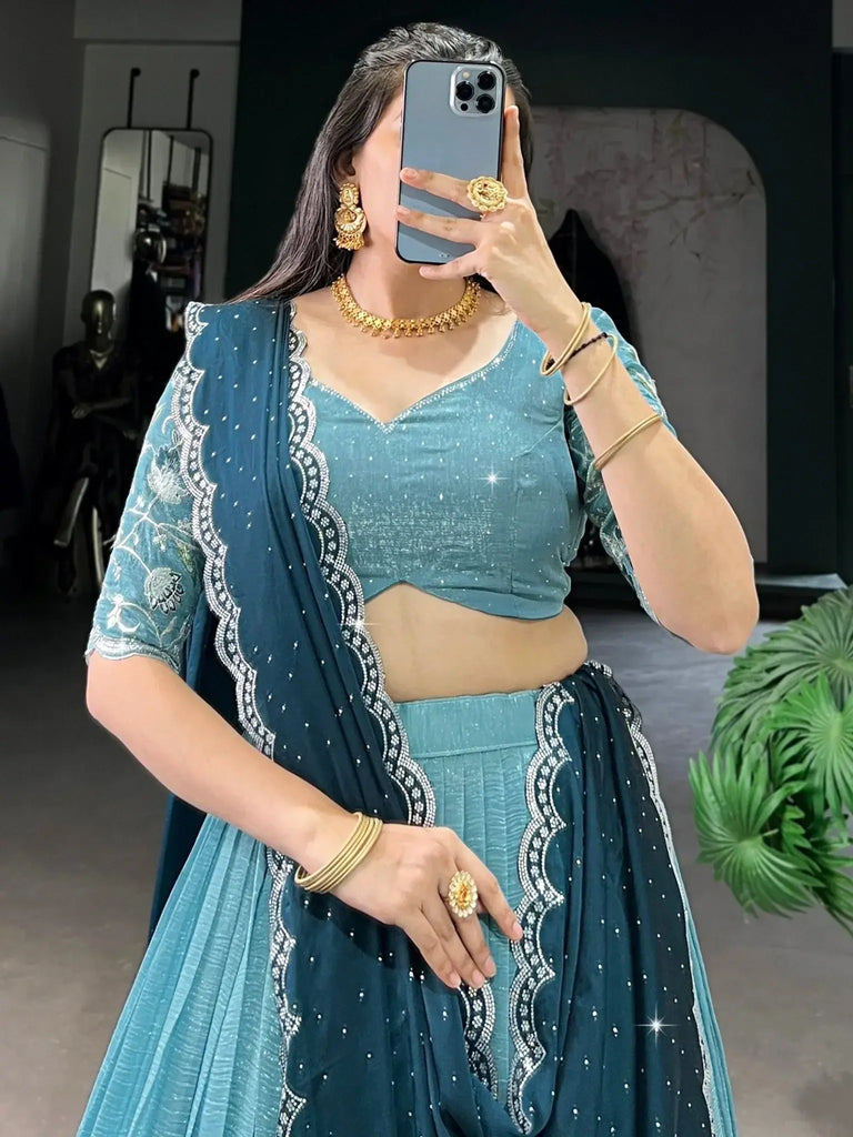 Impressive Sky - Blue Hotfix Embroidered Organza Bridesmaid Lehenga Choli - Ethnic Plus In