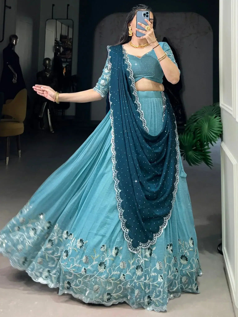 Impressive Sky - Blue Hotfix Embroidered Organza Bridesmaid Lehenga Choli - Ethnic Plus In