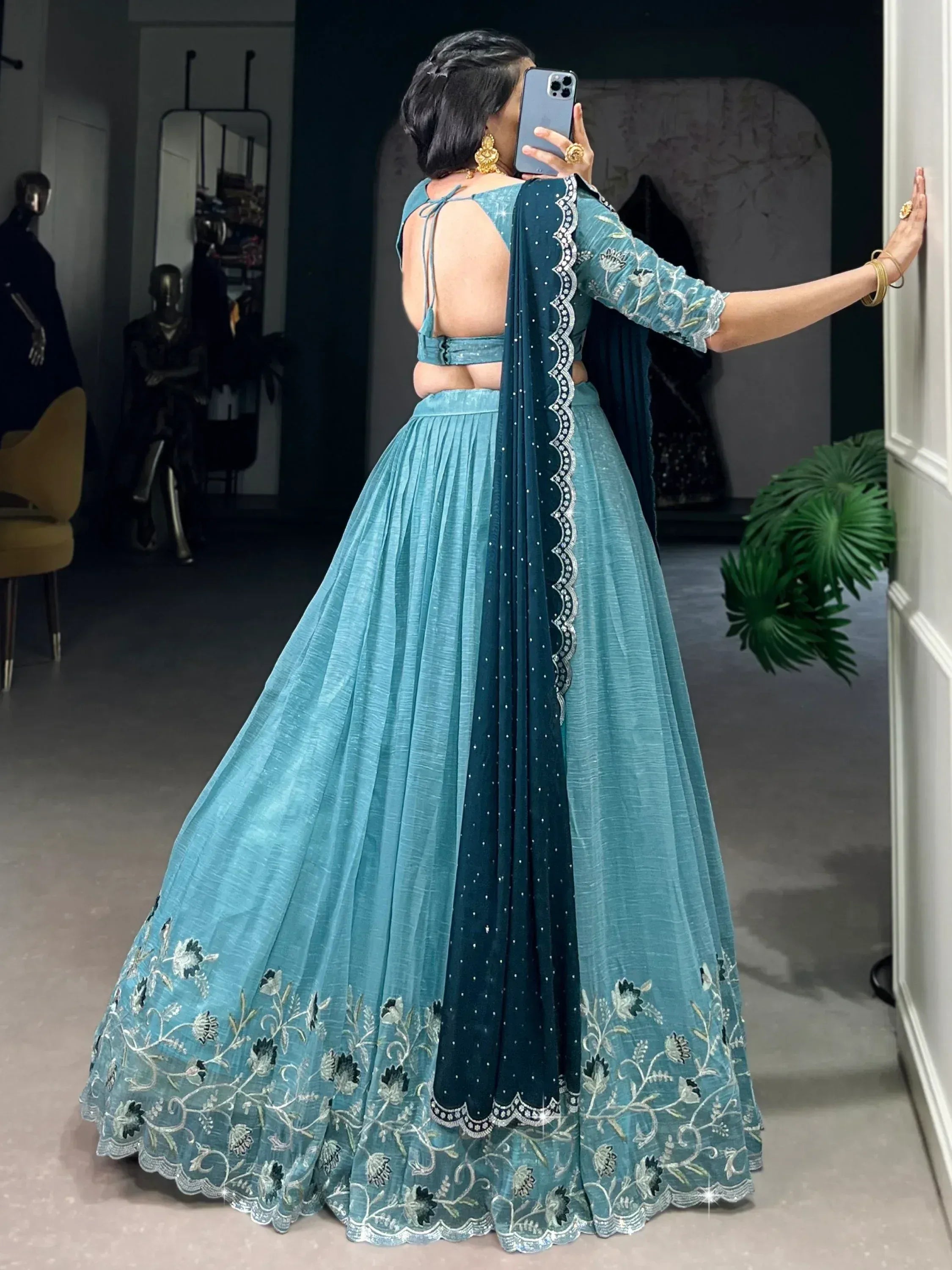 Teal embroidered lehenga choli with open back blouse and matching dupatta, Indian ethnic wear