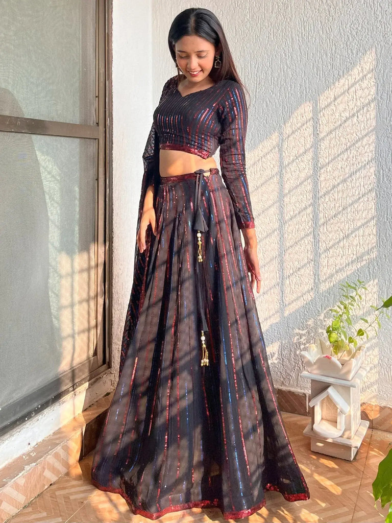 Incredible Black Sequins Georgette Party Wear Lehenga Choli - Ethnic Plus In