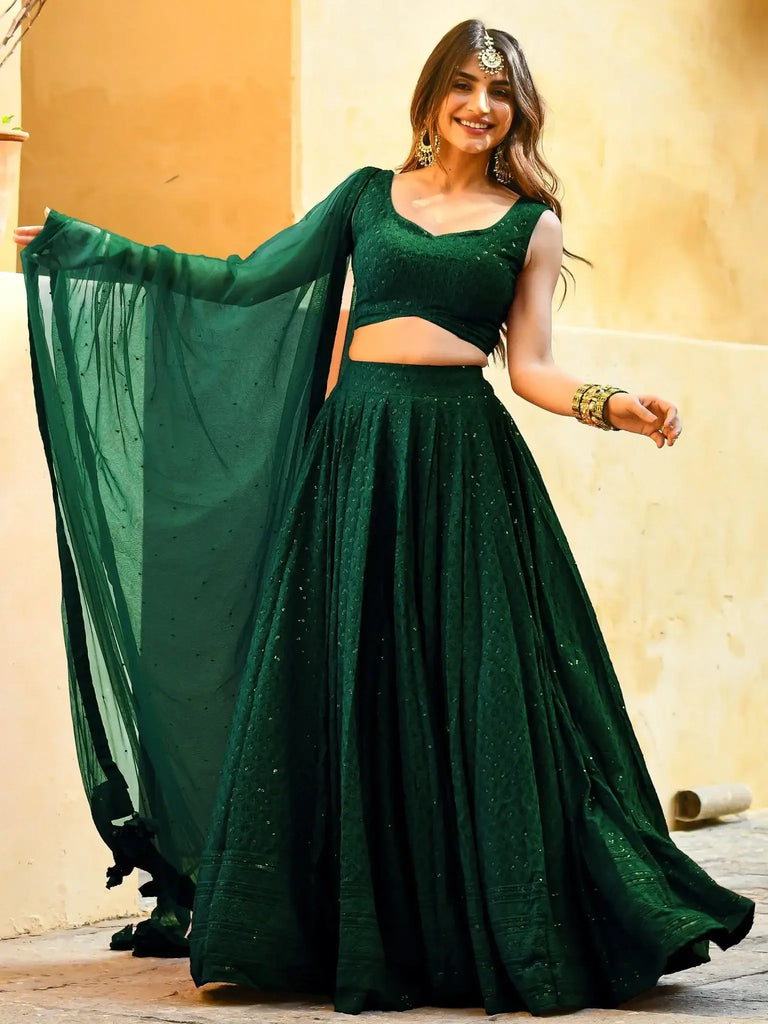 Incredible Green Sequins Georgette Mehendi Wear Lehenga Choli - Ethnic Plus In