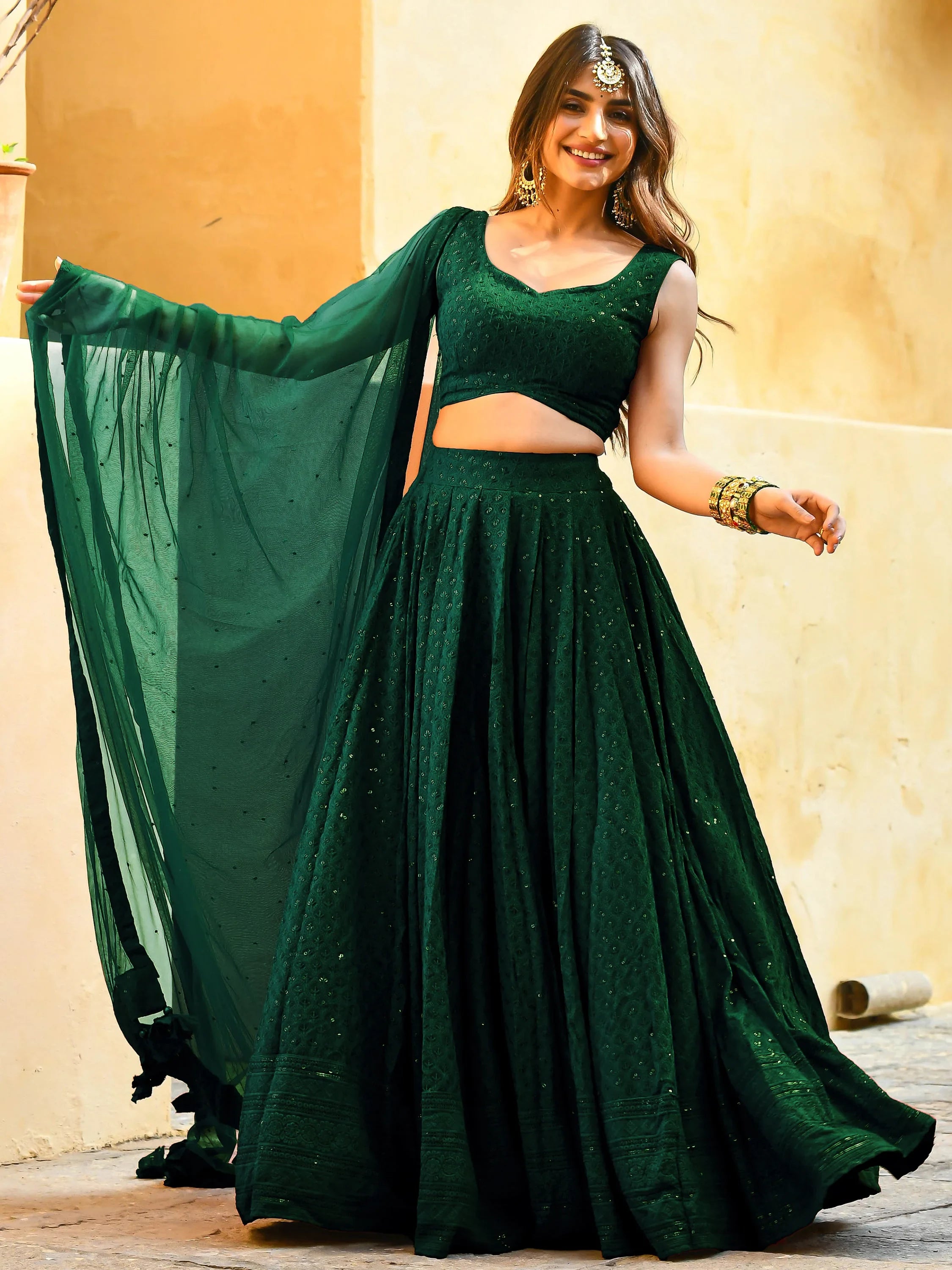 Incredible Green Sequins Georgette Mehendi Wear Lehenga Choli - Ethnic Plus In