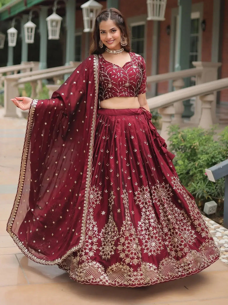 Incredible Maroon Embroidered Silk Wedding Lehenga Choli With Dupatta - Ethnic Plus In