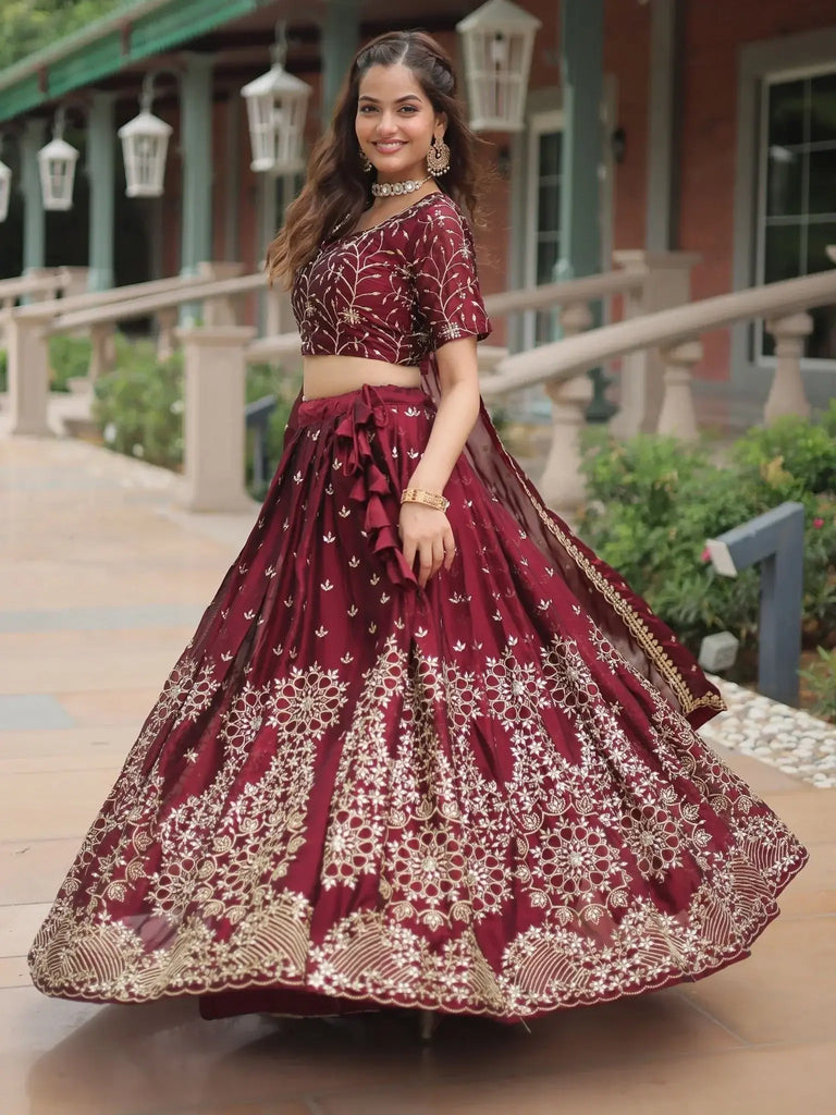 Incredible Maroon Embroidered Silk Wedding Lehenga Choli With Dupatta - Ethnic Plus In