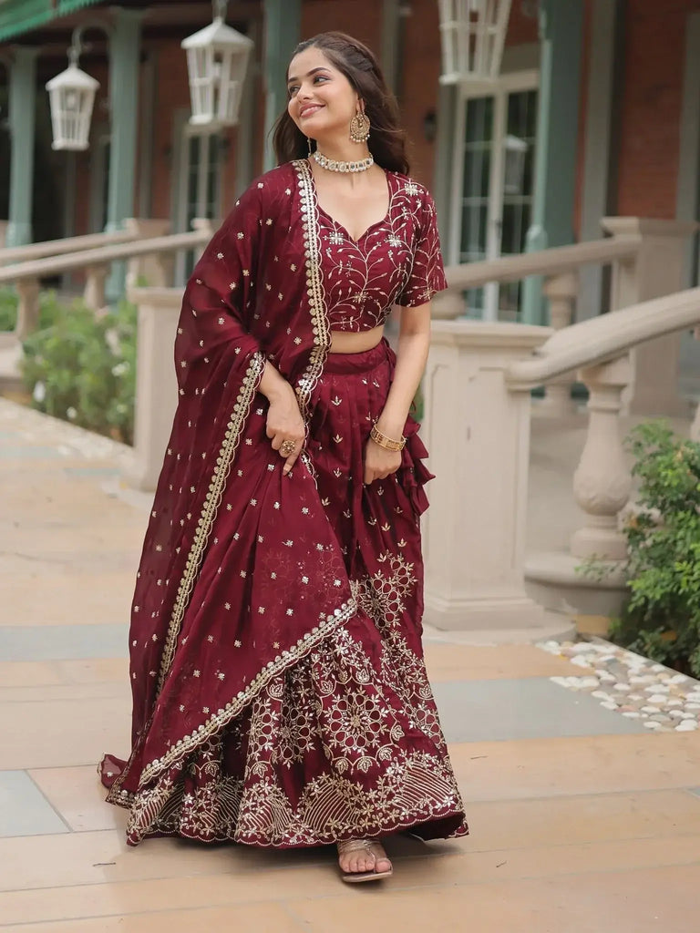Incredible Maroon Embroidered Silk Wedding Lehenga Choli With Dupatta - Ethnic Plus In