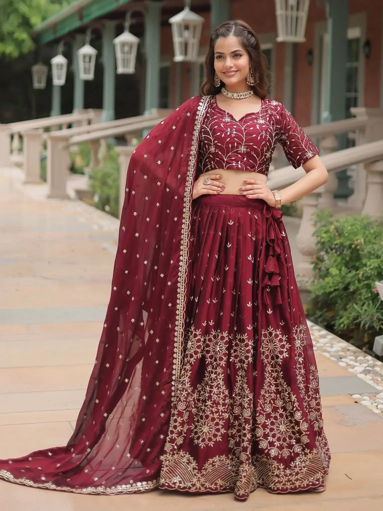 Incredible Maroon Embroidered Silk Wedding Lehenga Choli With Dupatta - Ethnic Plus In