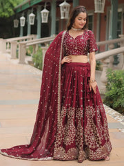 Incredible Maroon Embroidered Silk Wedding Lehenga Choli With Dupatta - Ethnic Plus In