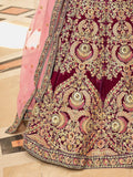 Incredible Maroon Embroidered Velvet Bridal Wear Lehenga Choli - Ethnic Plus In